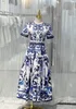 New Women's Fashion Designer Designs Dresses Fancy Dress Women Blue And White Porcelain Printed Gathered Waist Short Sleeve Fit&Flare Ca 4691