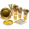 Disposable Dinnerware Gold Paper Plates Napkins Cups Plastic Forks Spoon Knife Birthday Party Tableware Set Wedding Baby Shower Decorations