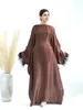 Roupas étnicas Moda Brilhante Oversized Abaya Djellaba Vestido Muçulmano Dubai Comprimento Total Penas Borlas Cachecol Islam Robe WY1709