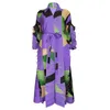 Robes décontractées 2023 Été Lotus Feuille Collier plissé Pétale Manches Imprimé et teint Robe Ceinture Femme Lâche Violet Longue