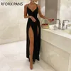 Casual Dresses Women Elegant Solid Spaghetti Strap Bodycon Deep V Neck High Silt Maxi Formal Party Sexy Black Dress P230407