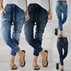 Jeans da donna alla moda pantaloni a matita in denim a botte dritta a vita alta blu allacciatura elastica Harlan