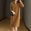 Japanese Half Zipper Knitted Dress 2023 Autumn and Winter New Mid-Length Loose Casual Long Sleeves Stand Collar Woolen Skirt