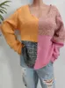 女性のセーターBenuynffy Square Neck Color Color Block KnitteSセーター女性2023秋の冬の長袖パッチワークカジュアルルーズジャンパー