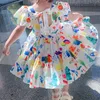 Flickor klänningar Summer Girls Puff Sleeve Casual Cartoon Party Princess Care Children S bär baby barnflickor kläder 230407