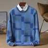 Men's Sweaters Pure Wool Sweater For Autumn And Winter Round Neck Contrasting Color Youth Thick Plaid Loose