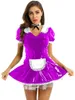 Sexy Kostüme, französisches Dienstmädchen-PVC-Kleid, abschließbar, für Damen, Party, Clubwear, Spitzenbesatz, Dienstmädchen-Uniform, ausgefallene Sissy-Rollenspiele mit Halsring