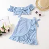 Clothing Sets 4-9Y Summer Cute Children's and Girls' Clothing Set Flower Shoulder Ruffled Top Ski Boutique Children's Clothing Fashion 2 Pieces 230406