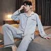 Pijamas masculinos primavera outono pijamas duas peças coreano elegante algodão manga longa pijamas casa roupas terno masculino solto