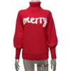 Kobiety Swetery 2023 Świąteczny Sweter Kobiet Kobiet Turtleck Bat Rleeve Merry Pullover Fashion Year List Hafdery Red 231107