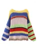 Suéter feminino outono inverno listrado colorido crochê manga comprida pulôver suéter feminino oversized solto ombro malha r o-pescoço