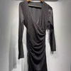 Casual Dresses Women Dot Printing Deep V Mid-Längd Dress Thin Pleated High midje Fashion Slim Långärmad Kvinna Vintage Robe 2023
