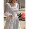 Casual Jurken Herfst Lente Witte Mesh Fee Jurk Vrouw Franse Vintage Borduren Bloemen Flare Mouw Prinses Prom Vestido