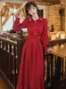 Casual Dresses Women Embroidered Lapel Retro Red Vestidos Fashion Femininas Fall French Romantic Temperament Ruffle Stitching Thin Dress