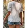 Blusas femininas camisas de verão feminino elegante renda splice oco sólido camisa com decote em v manga puff casual blusa desenhada feminina 230407
