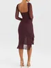 Casual Jurken Mozision Elegante Ruche Ruches Midi Jurk Voor Vrouwen Gewaad Sheer Lange Mouwen Backless Onregelmatige Club Party Sexy vestido