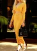 Work Dresses Women Yellow V-Neck Long Sleeve Crop Top & Ruched Maxi Skirt Set