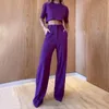 Pantalones de dos piezas para mujeres trajes de verano Juegos de pantalones sólidos Top de cuello O y piernas rectas para mujeres 2023