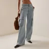 Jeans pour femmes Combhasaki Y2K Vintage américain rétro printemps été Denim pantalons longs bleu ciel Baggy jambe large avec plusieurs poches