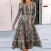 Casual Dresses Vintage Fashion Pattern Print Boho Long Dress Women O Neck Patchwork A-Line Office Spring Autumn Sleeve Party