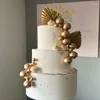 Suprimentos festivos 2 pçs palma lança bolo topper papel dobrável ventilador feliz aniversário folha de ouro decoração festa casamento sobremesa decoração