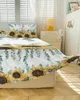 Falda de cama con hojas de eucalipto, colcha ajustada elástica con flores de girasol y fundas de almohada, Funda de colchón, Sábana