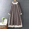 FairyNatural Femmes Qualité Rétro Style Japonais Dentelle À Manches Longues Dames Rustique Fleurs Imprimer Coton Couches Robe