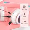 Cute Cat Ears Headphones Bluetooth Wireless Gaming Headset with Flashing LED Light Pink Stereo Music Earbud for Kids Girls Gift