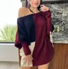 Sexy Femmes Patchwork Robe Dames Hiver Manches Longues Pull Hauts Mode Filles Tricoté Surdimensionné Baggy Pull Occasionnel Pulls Larges Mini Robes