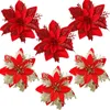 Fleurs décoratives 10 pièces fleur artificielle de noël têtes scintillantes en or rouge pour décorations d'arbre fournitures de décoration de table de fête