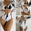 Women's Swimwear Square Collar Long Sleeve Women Monokini Fashion Print Female Waist Hollow Out Bathing Suit For Water Activity