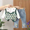 Kläder sätter höststil baby flicka 3st kläder set blommor tröja väst långärmad lapel skjorta jeans spädbarn småbarn flicka kostym