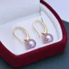 Hoop Earrings Classic Natural Fresh Water 9-10mm Round Bright Light Purple Pearl 925 Sterling Silver Simple Female Jewelry Wholesale