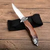 Högkvalitativ lejon Auto Tactical Folding Knife 8Cr13Mov Satin Blade Trähandtag Utomhus EDC Pocket Knives med nylonhölje