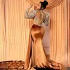 Artı boyutta altın lüks aso ebi balo elbiseleri yular köpüklü tül uzun kollu boncuklu tarafı bölünmüş Afrika tarzları gece elbise ikinci resepsiyon önlükleri