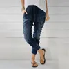 Jeans da donna alla moda pantaloni a matita in denim a botte dritta a vita alta blu allacciatura elastica Harlan