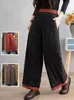 Women's Pants Solid Color Folds Cotton Thicken Women Wide Leg Elastic High Waist Straight Casual Fashion Patchwork Cozy Loose Trousers