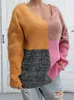 女性のセーターBenuynffy Square Neck Color Color Block KnitteSセーター女性2023秋の冬の長袖パッチワークカジュアルルーズジャンパー