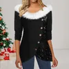 Women's Blouses Women Christmas Top Round Neck Button Sequin Decor Lady Thick Warm Pullover Long Sleeve Fall Winter T-shirt