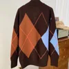 Women's Knits Runway Fashion V-Neck Diamond Pattern Wool Oversize Style Cardigan Brown Loose 2023 Autumn Plaid Single Breasted Sweater