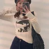 T-shirt Femme Karrram Casual Slim T-shirt Pour Femmes O Cou À Manches Longues Sexy Crop Top Grunge Lettres Imprimer Femme Mode Coréenne Vêtements 230407