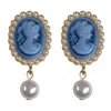 Backs Earrings Korean Temperament Round Resin Blue Stone Clip On Quenn Head Elegant Retro French Pearl No Piercing Women