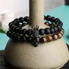 Strand Men's Black Frosted String Onyx Yellow Tiger Eye Eye Stone Buddha Beads Micro Set Zirconia Crown Skull Bracelet Gift