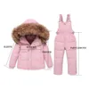 Down ceket çocuk ceketleri set gerçek kürk kış snowsuit erkek kız kayak kıyafetleri pembe 90 beyaz ördek tulumu çocuk kıyafetleri 231107