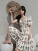 Casual Dresses Summer Women's Printed Dress Japanese and Korean Academy Style V-neck Bubble Sleep Fashion Long Dress A2167# 230407