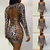 Повседневные платья сексуальные женщины LeoApard Print Bangage Dress Clubwear Без спины Hollow Out Bodycon Slim Party Lace-Up Prncil Mini