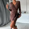 Vestidos casuais elegante pary vestido mulheres v pescoço manga longa bodycon para sexy midi cor sólida dividir escritório