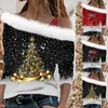 Blusas femininas mulheres blusa de impressão de natal moda um ombro frio gola de pele lantejoulas cinta camisas casual manga longa topos ano pulôver