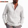 Mens Tshirts Linen Långärmad solid färg Löst Casual Cotton Shirt Plus Size Shirts Men 230406