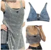 Neues Designer-Damenkleid mit glänzendem Strass, sexy Crop-Top-Weste, modischer Denim-BH, P-Buchstabe, ärmelloses Neckholder-Top, Damenkleid